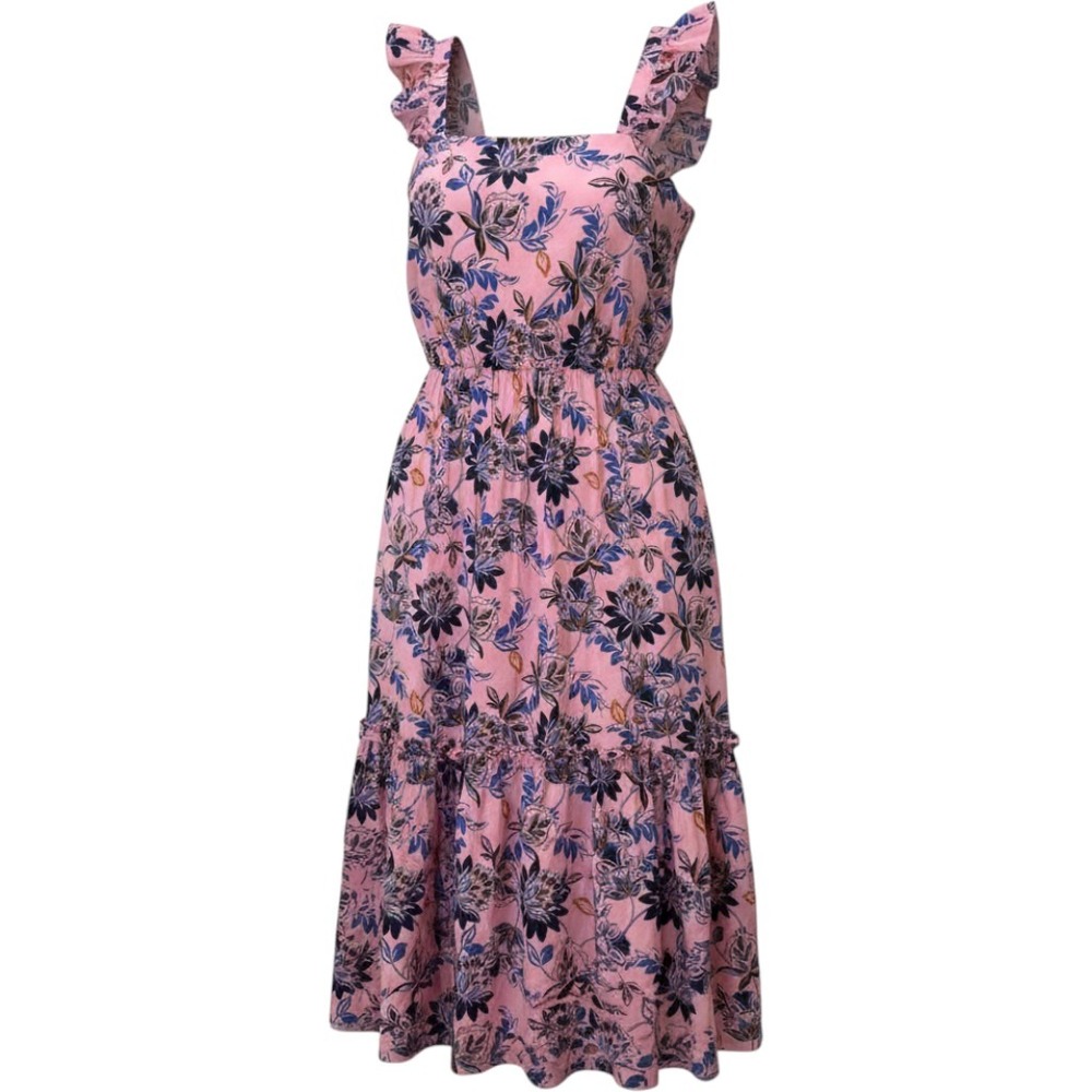 J.Crew Re-Imagined Pink Floral Cotton Tiered Midi Dress Smocked Back Size 12